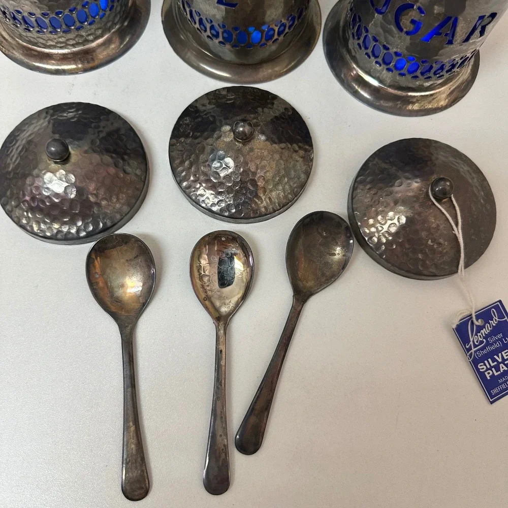 Leonard Silver Sheffield Cobalt Blue Glass Tea Coffee Sugar Canister Set 3pc